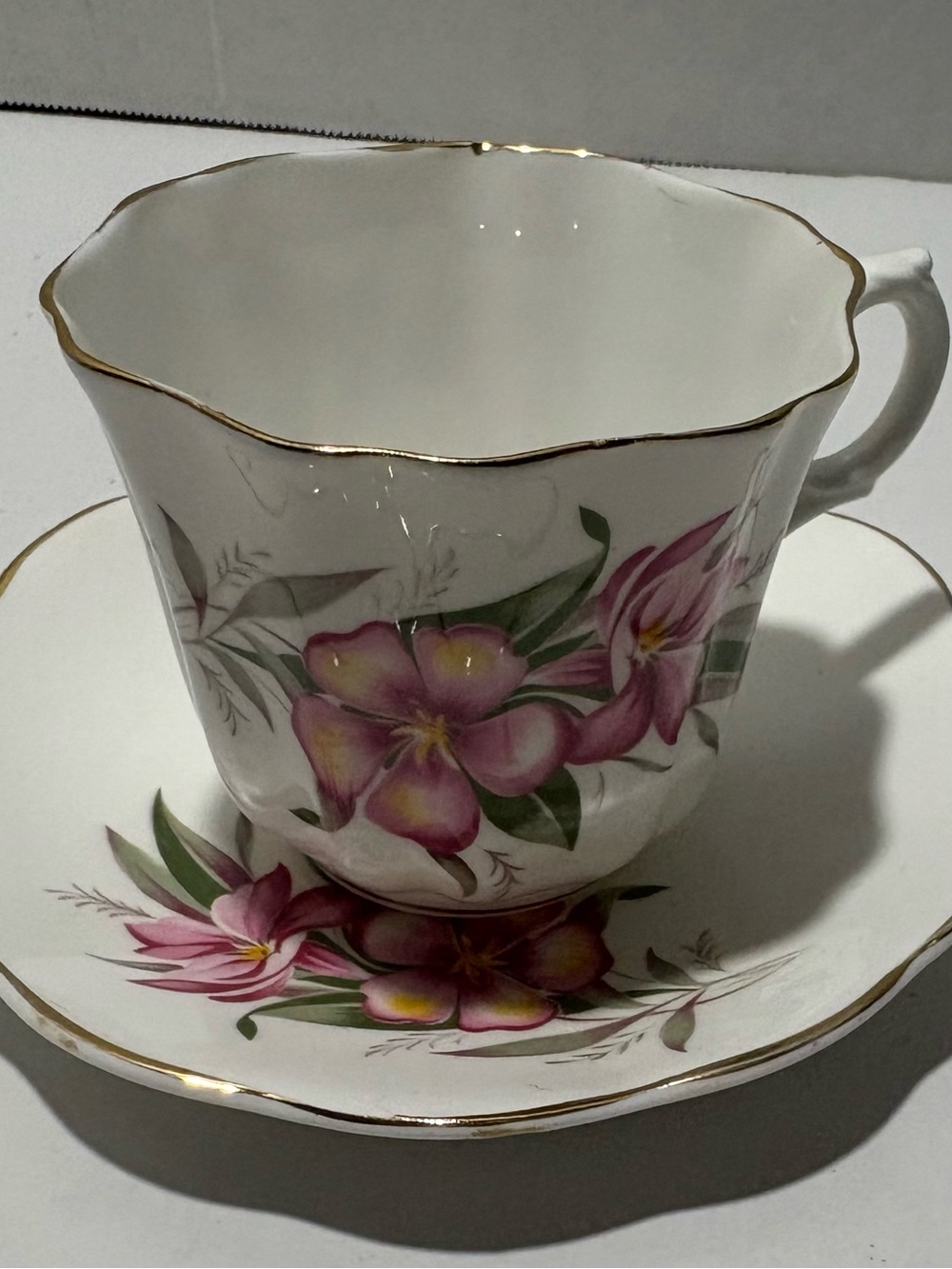 Hamilton Pink Floral Porcelain Teacup and Saucer with Gold Trim